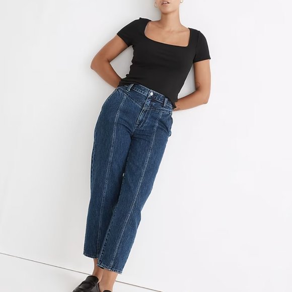 MADEWELL TRUE BLACK SHORT SLEEVE RIBBED SQUARE-NECK CROP TEE TOP - Picture 3 of 4